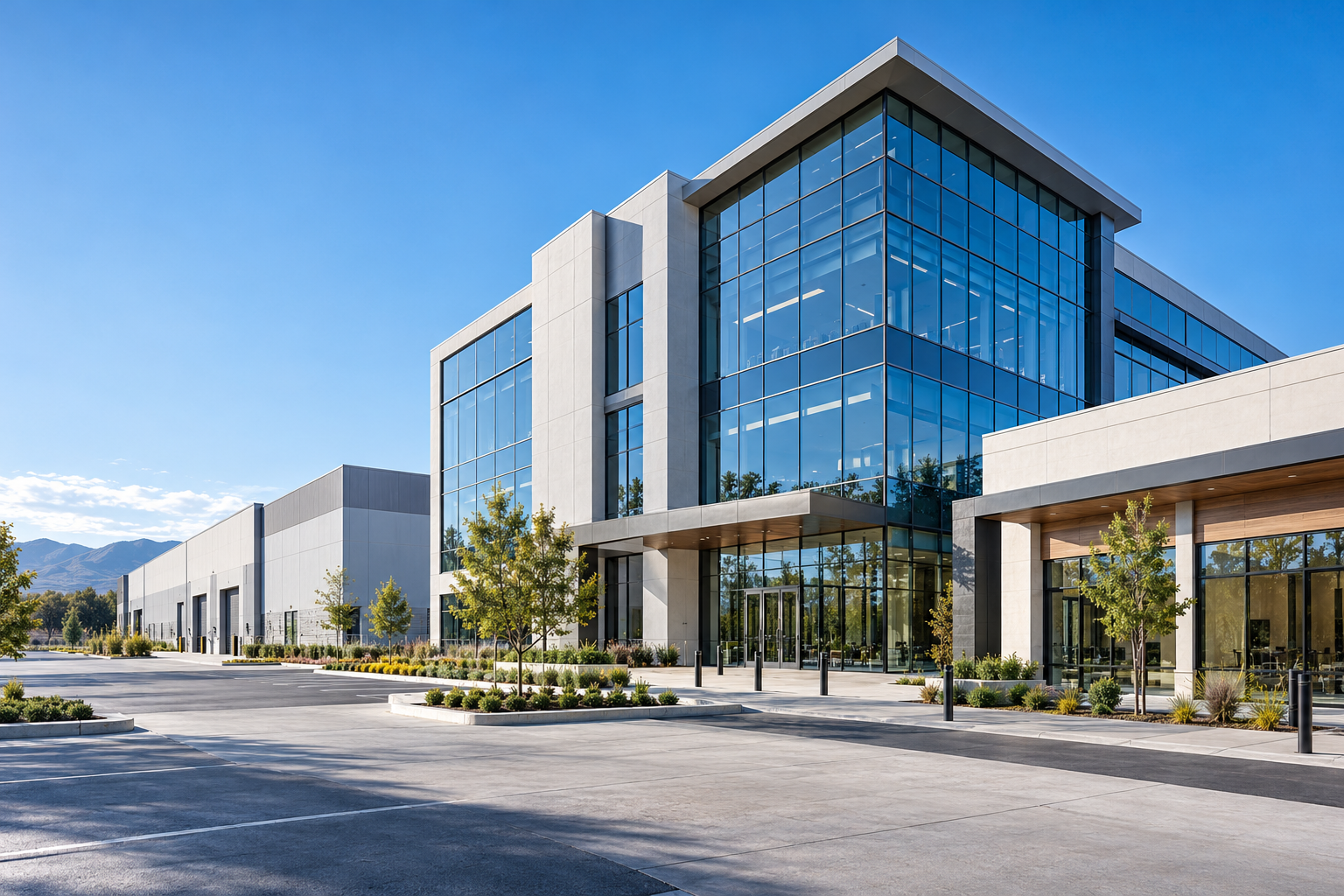 Contemporary commercial architecture with glass offices and clean concrete facades
