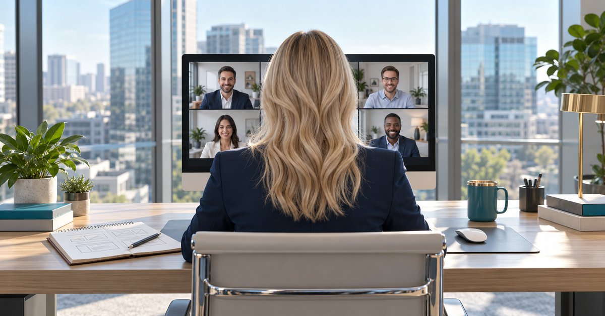 A blonde businesswoman viewed from behind taking a video call in a modern office