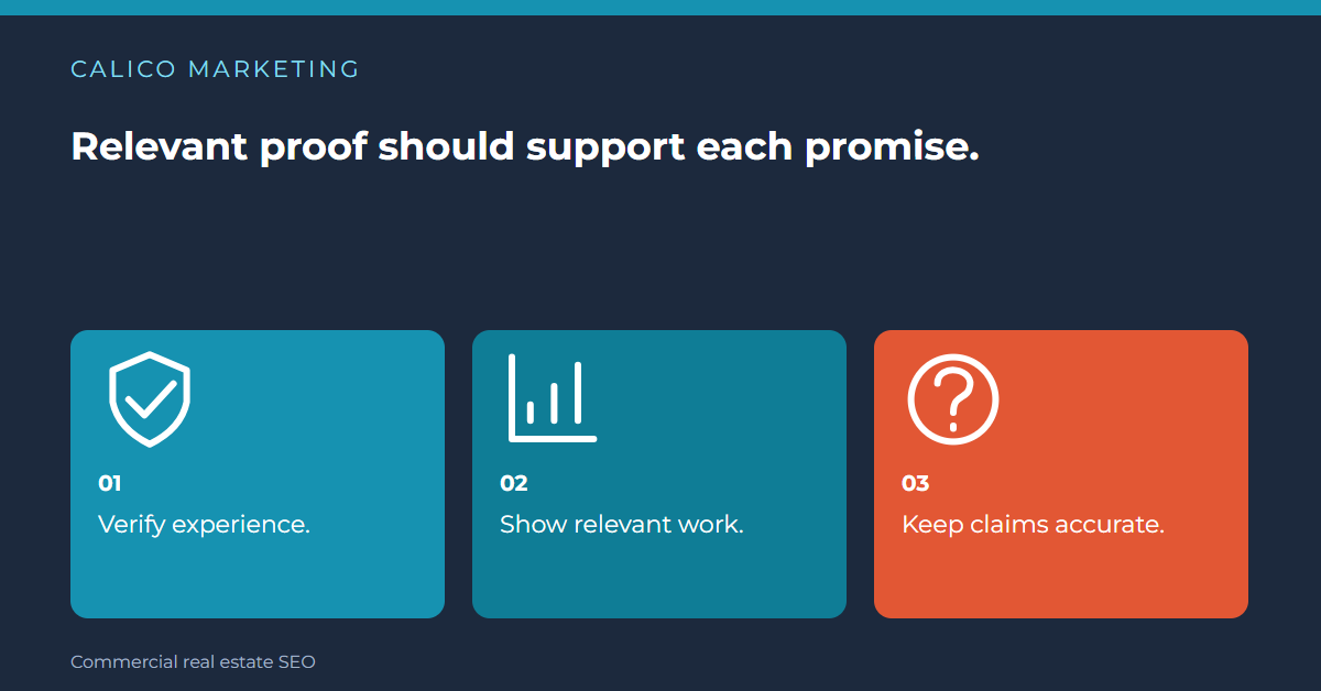 Verify experience. Show relevant work. Keep claims accurate.