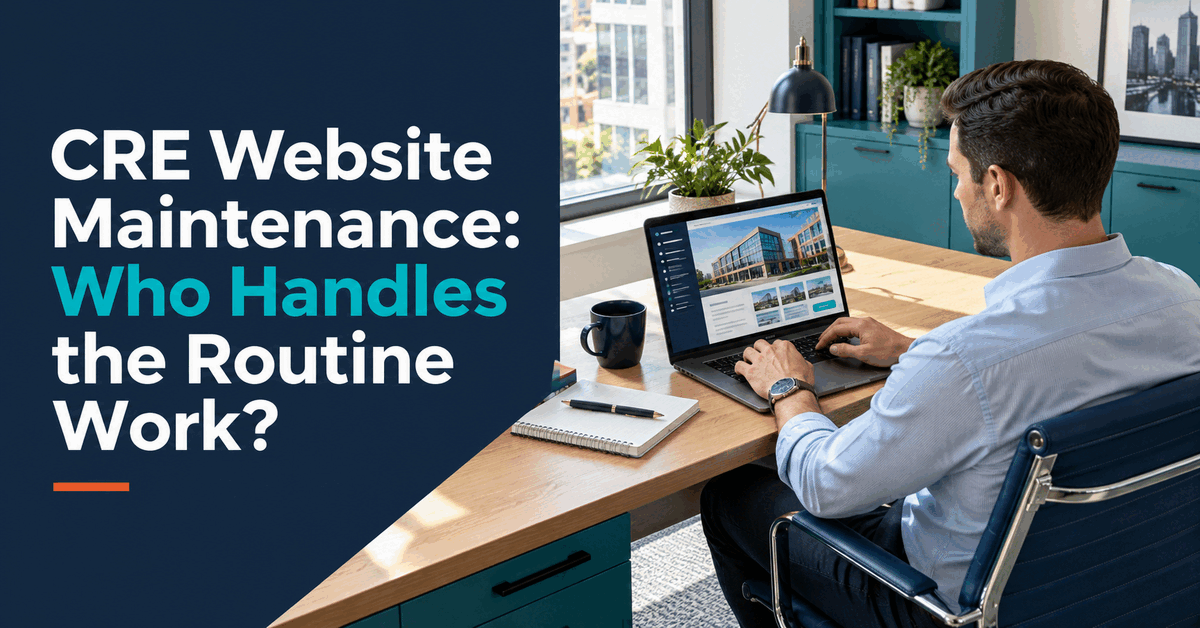 A professional reviewing website support work at a laptop in an office.