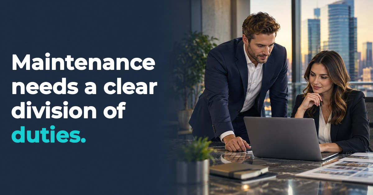 Commercial real estate scene: Two businesspeople working in an office