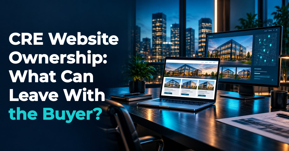 CRE Website Ownership: What Can Leave With the Buyer? Illustrated CRE office scene.