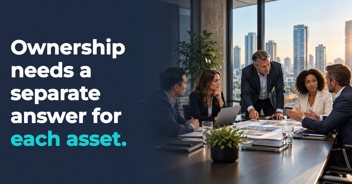 Ownership needs a separate answer for each asset. Illustrated businesspeople meeting in a conference room.