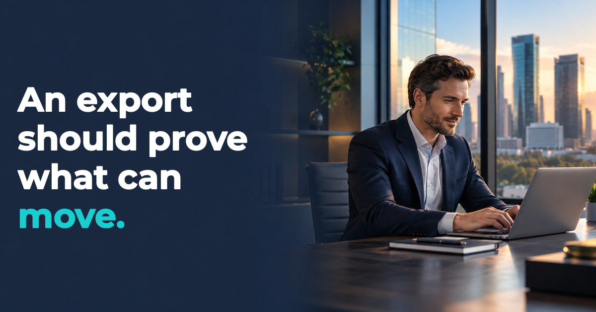 An export should prove what can move. Illustrated a businessperson working on their laptop in an office.