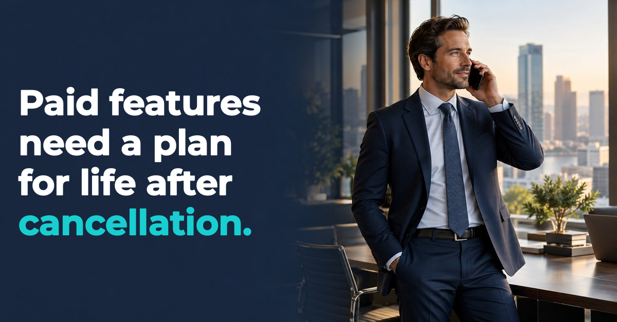 Paid features need a plan for life after cancellation. Illustrated a businessperson on the phone in an office.