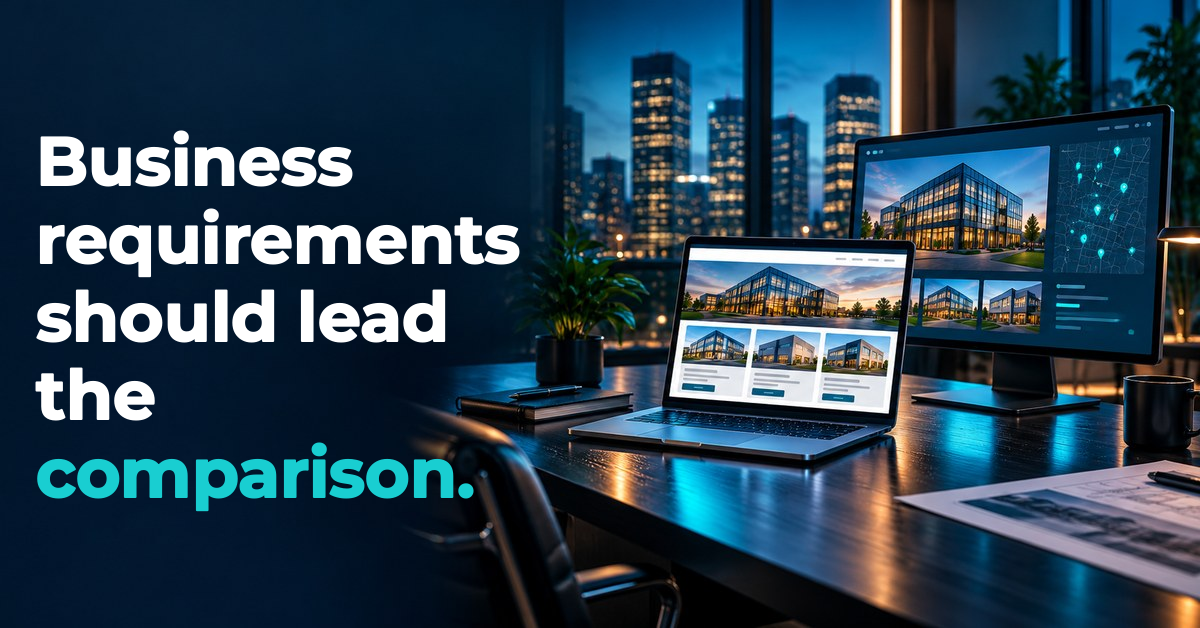Business requirements should lead the comparison. Illustrated office scene.