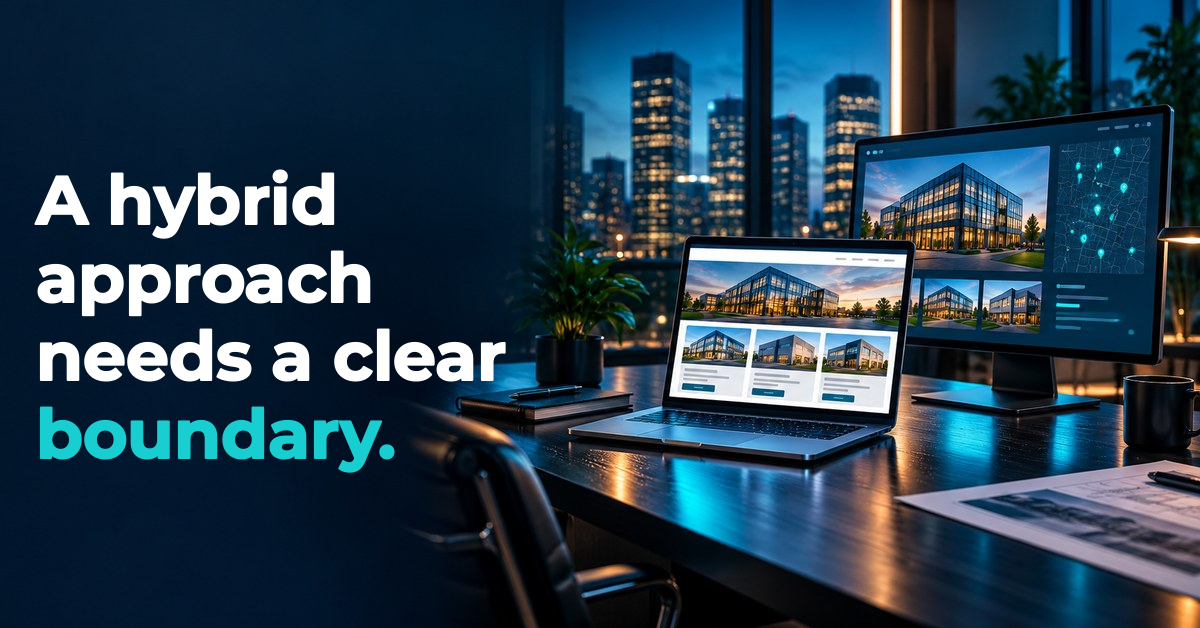 A hybrid approach needs a clear boundary. Illustrated office scene.