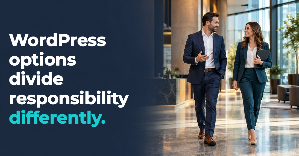 WordPress options divide responsibility differently. WordPress options divide responsibility differently. — office lobby illustration