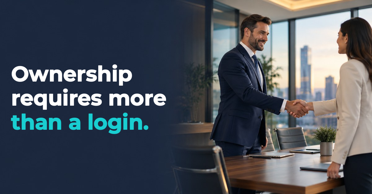 Ownership requires more than a login. Ownership requires more than a login. — conference handshake illustration